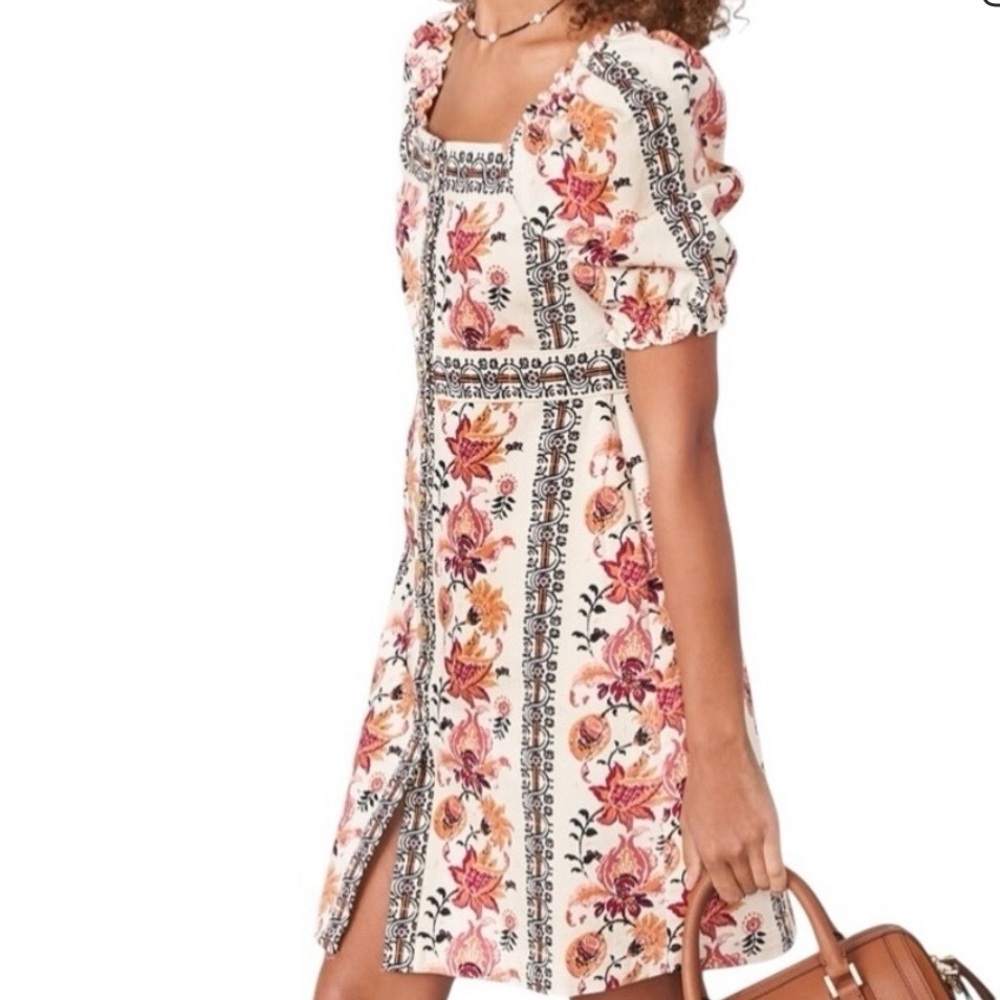 Spartina Catrina Denim Puff Sleeve Dress In Floral Thistle Stripe. Size Medium - Picture 3 of 13